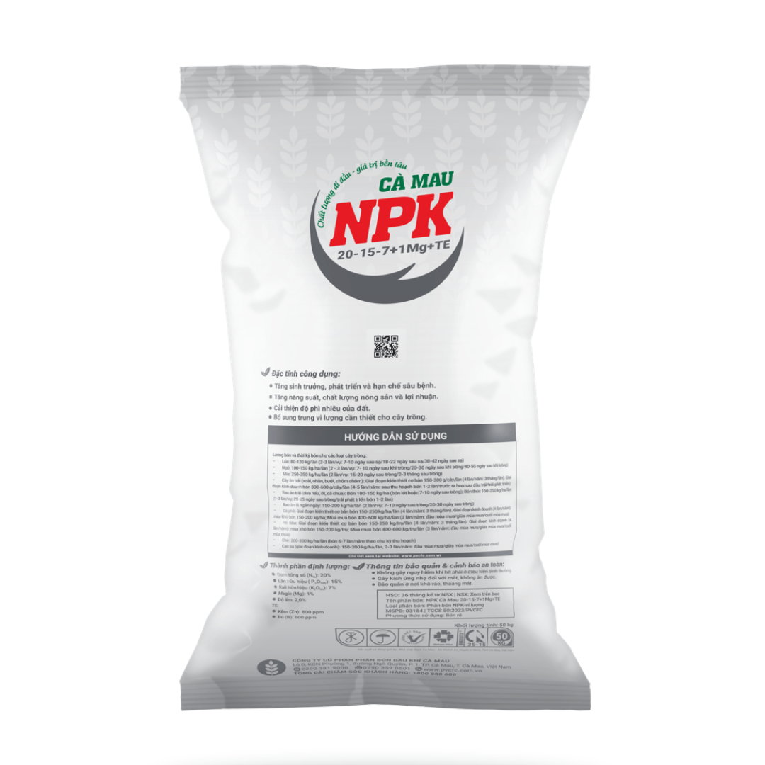 NPK CÀ MAU 20-15-7+1Mg+TE mặt sau NPK CÀ MAU 20-15-7+1Mg+TE mặt sau