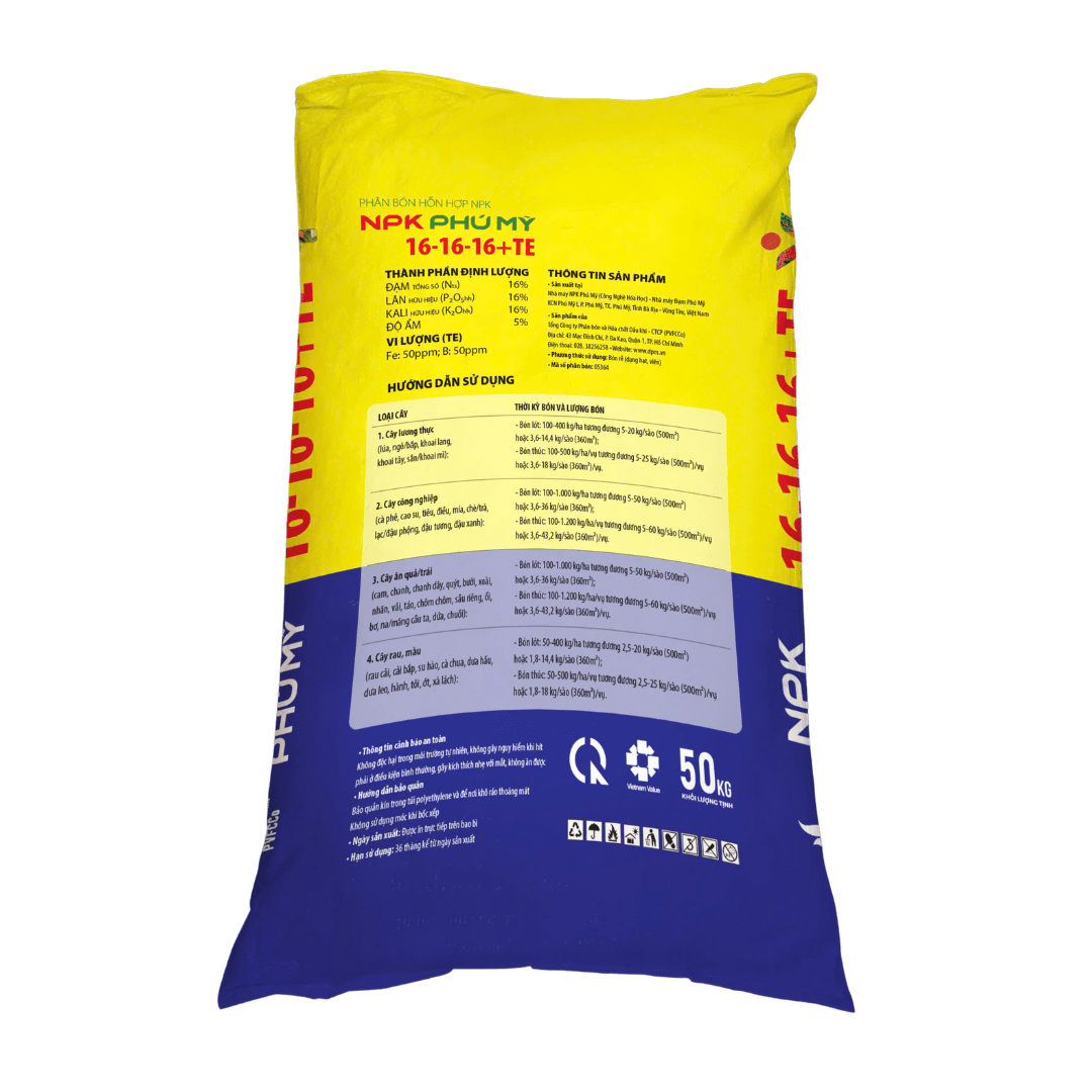 NPK Phú Mỹ 16-16-16+TE mặt sau NPK Phú Mỹ 16-16-16+TE mặt sau