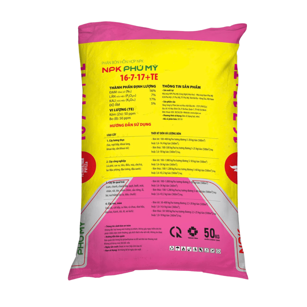 NPK Phú Mỹ 16-7-17+TE mặt sau NPK Phú Mỹ 16-7-17+TE mặt sau