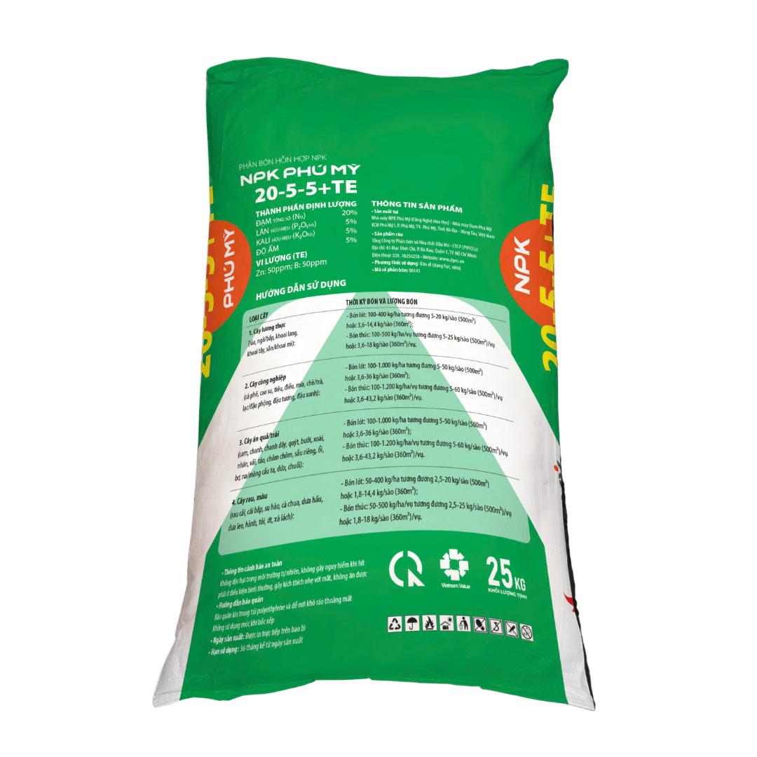 NPK Phú Mỹ 20-5-5+TE mặt sau NPK Phú Mỹ 20-5-5+TE mặt sau