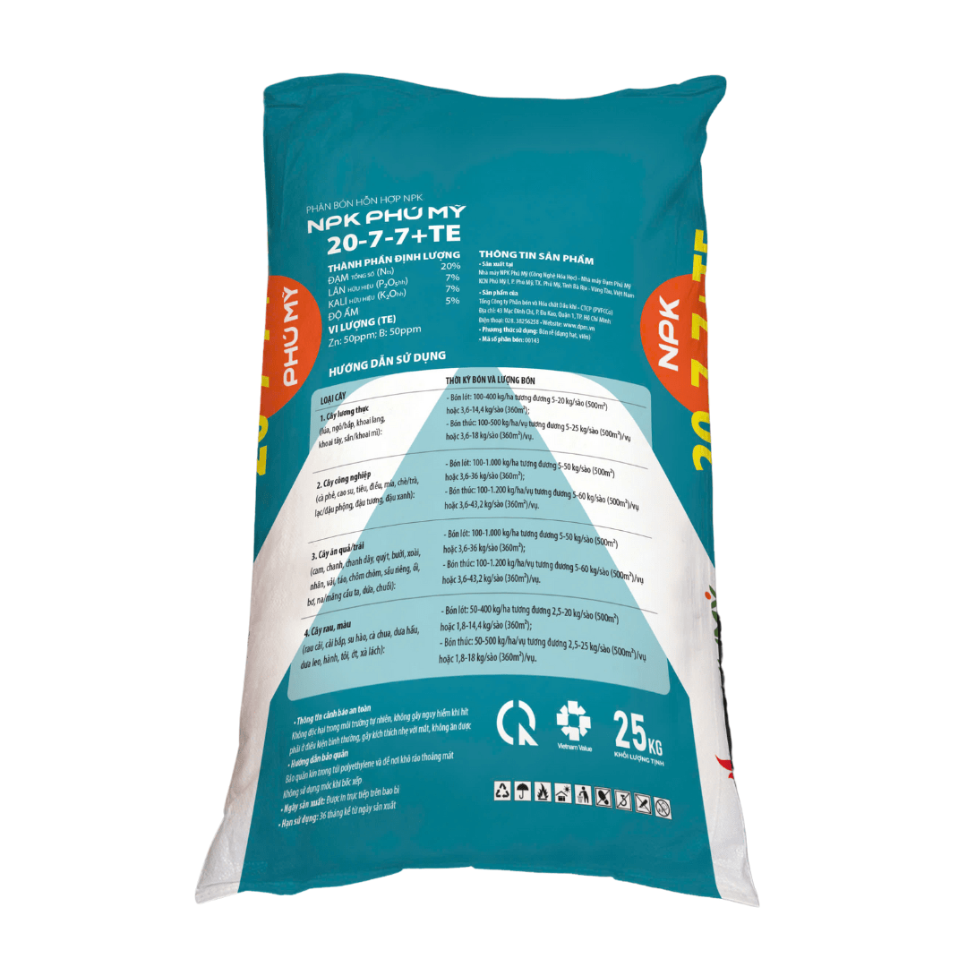 NPK Phú Mỹ 20-7-7+TE mặt sau NPK Phú Mỹ 20-7-7+TE mặt sau