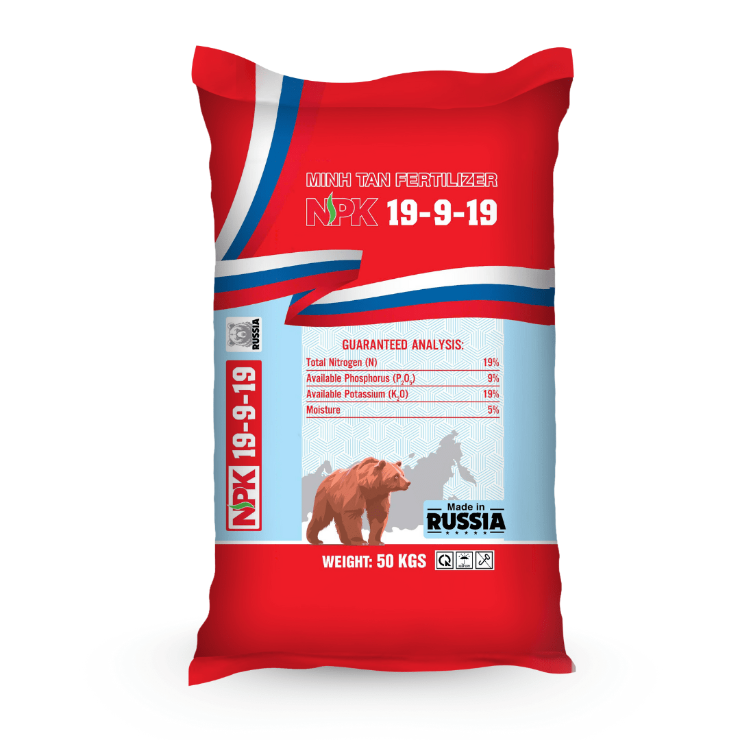 Minh Tân NPK 19-9-19 RUSSIA - màu đỏ 50kg mặt sau Minh Tân NPK 19-9-19 RUSSIA - màu đỏ 50kg mặt sau