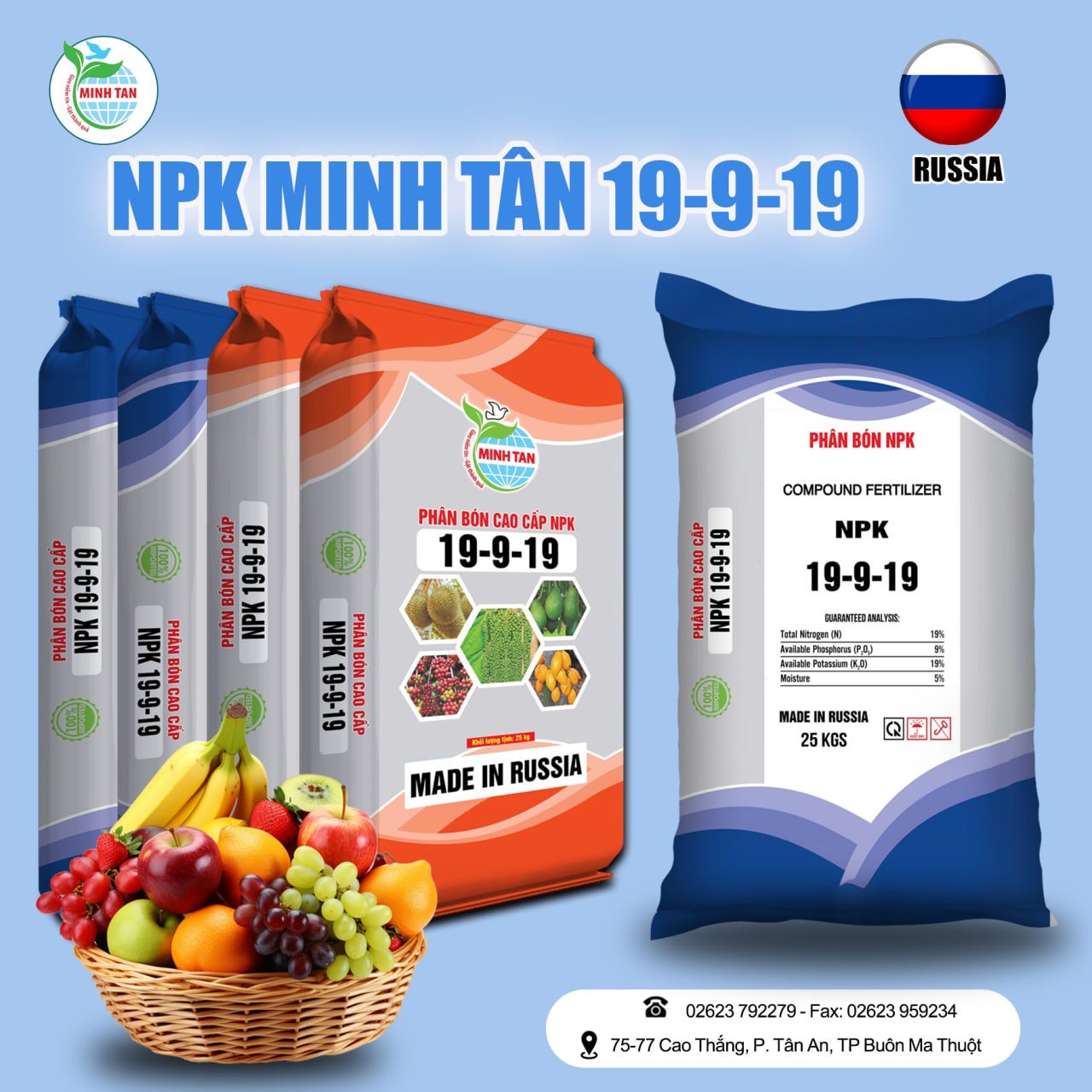 Minh Tân NPK 19-9-19 RUSSIA - 25kg Minh Tân NPK 19-9-19 RUSSIA - 25kg