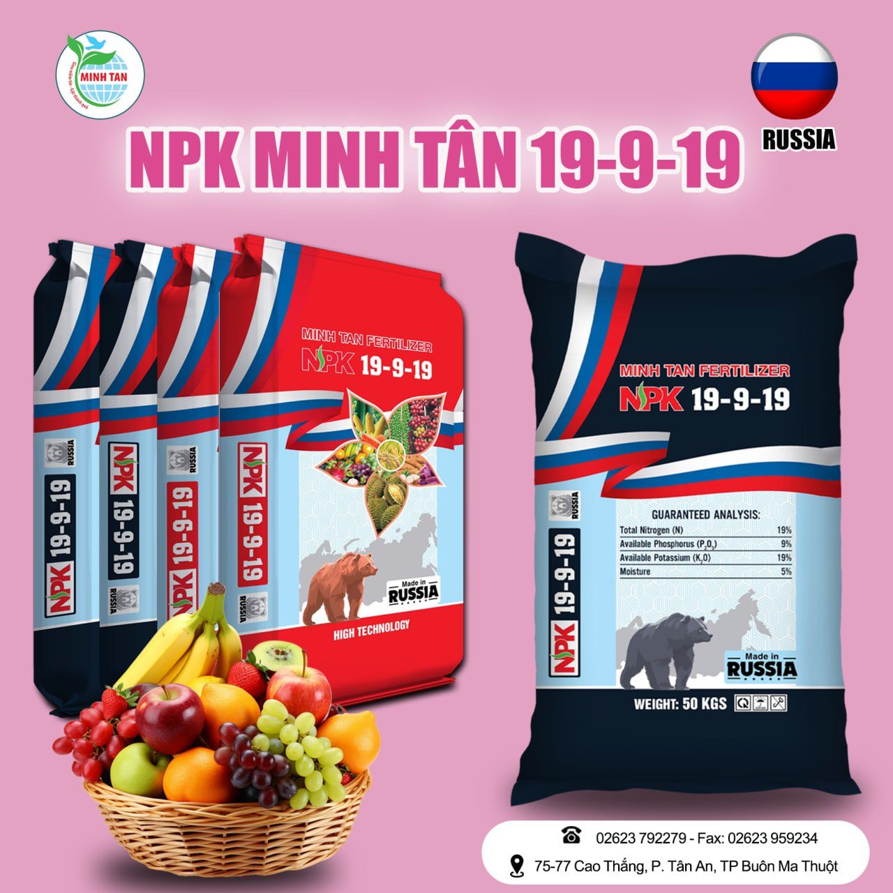 Minh Tân NPK 19-9-19 RUSSIA - 50kg Minh Tân NPK 19-9-19 RUSSIA - 50kg